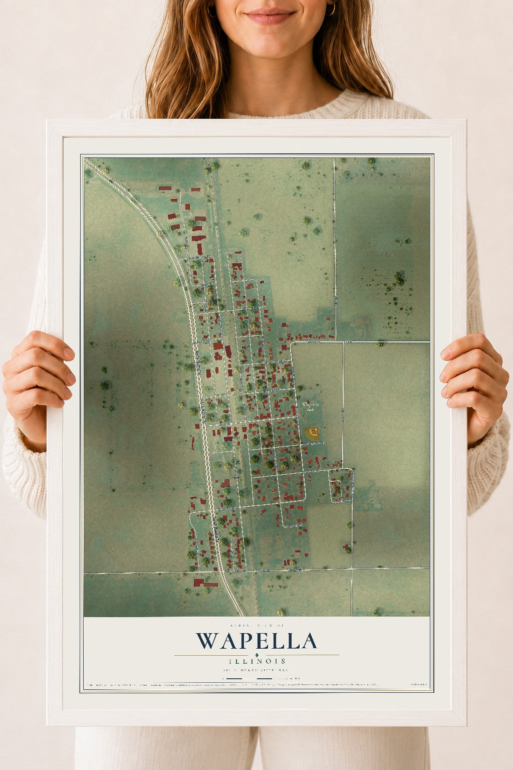 Map of Wapella, Illinois, 18 x 24 inch print in a white wood frame