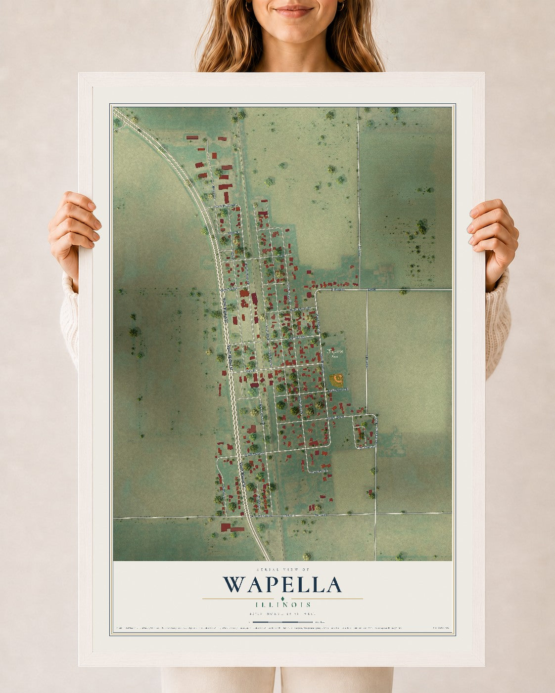 Map of Wapella, Illinois, 24 x 36 inch print in a white wood frame