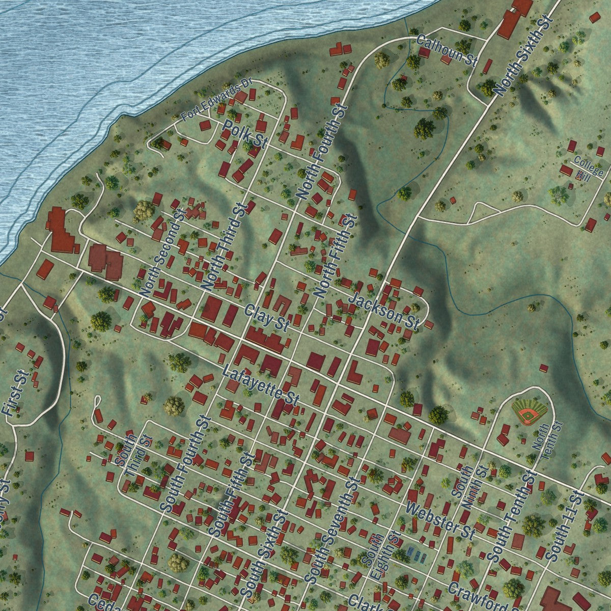 Close-up of the map of Warsaw, Illinois print showing street and building detail