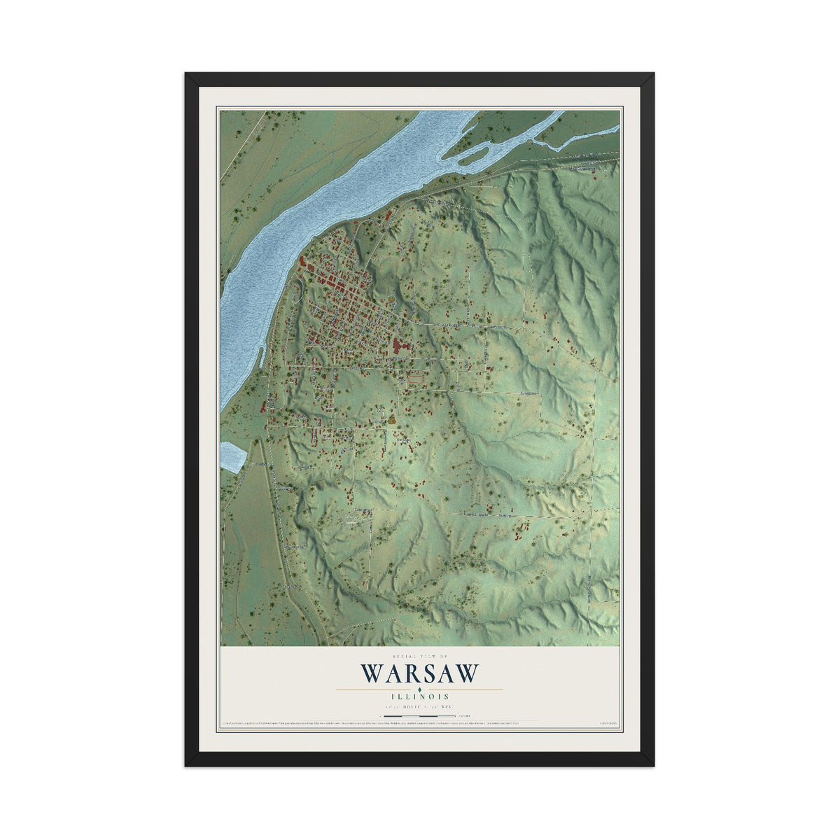 Map of Warsaw, Illinois, 12 x 18 inch print in a black wood frame