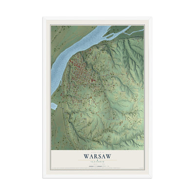 Map of Warsaw, Illinois, 12 x 18 inch print in a white wood frame
