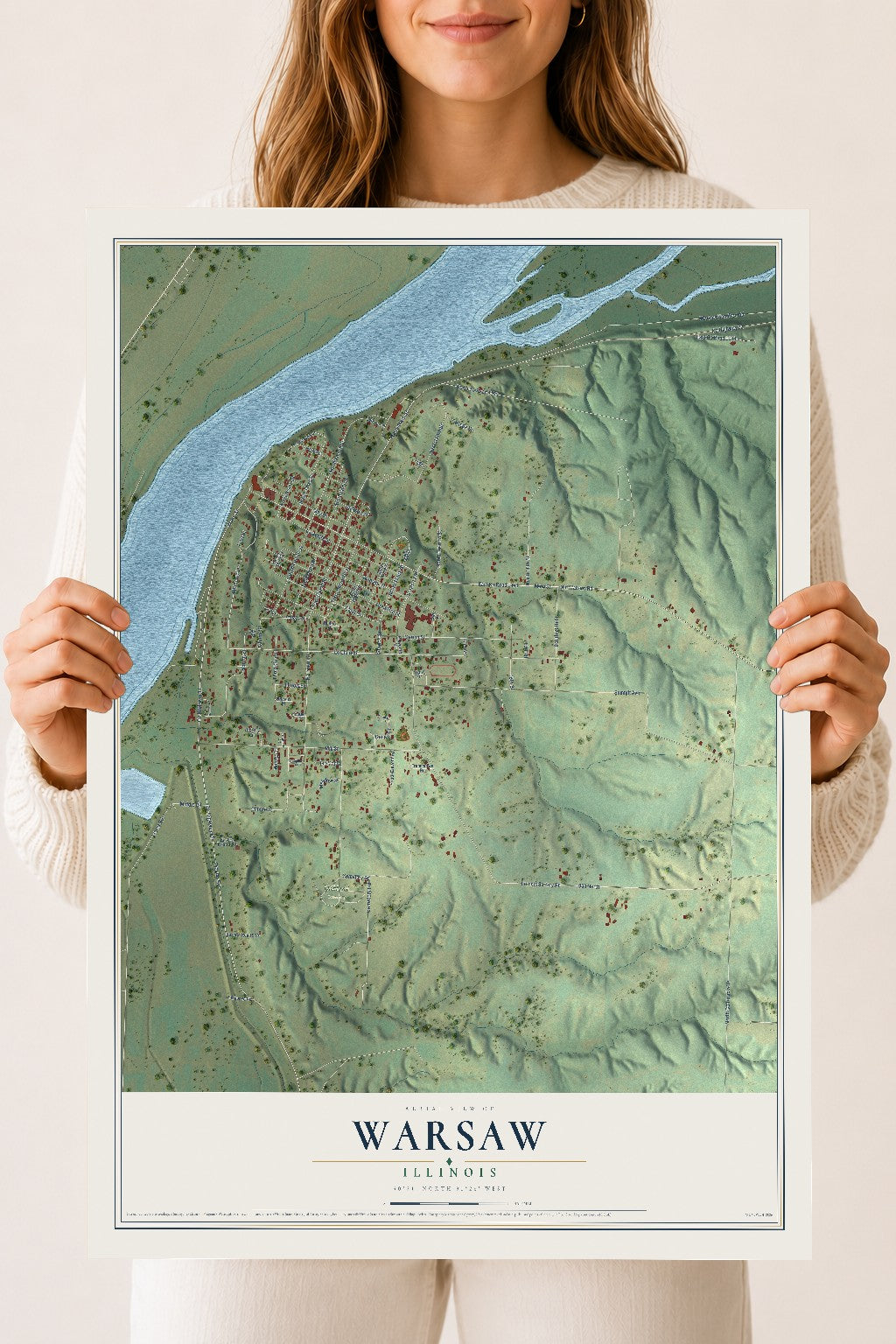 Map of Warsaw, Illinois, 18 x 24 inch unframed archival matte print