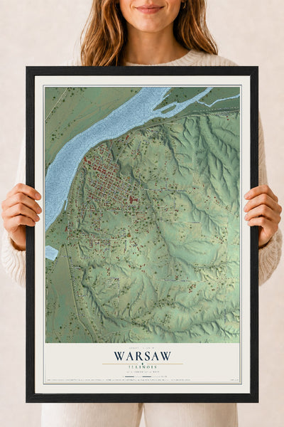 Map of Warsaw, Illinois, 18 x 24 inch print in a black wood frame