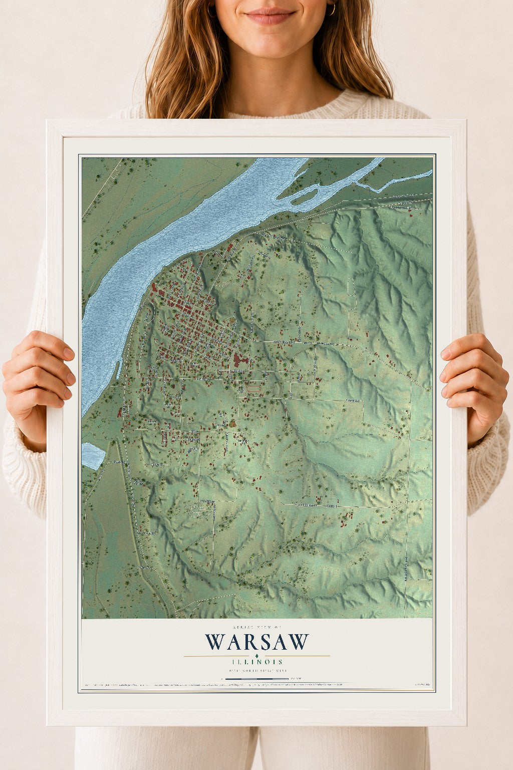 Map of Warsaw, Illinois, 18 x 24 inch print in a white wood frame