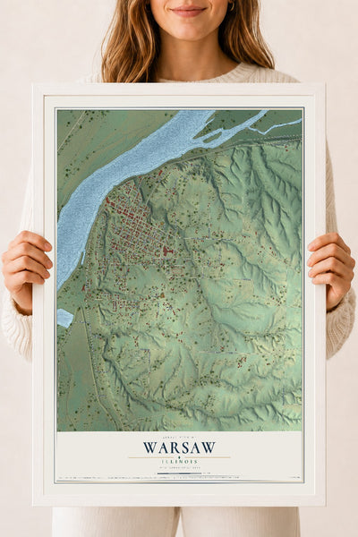 Map of Warsaw, Illinois, 18 x 24 inch print in a white wood frame