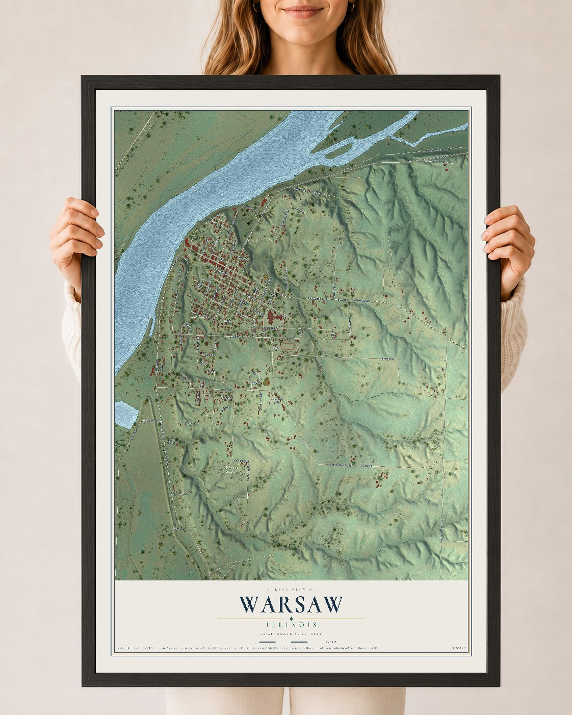 Map of Warsaw, Illinois, 24 x 36 inch print in a black wood frame