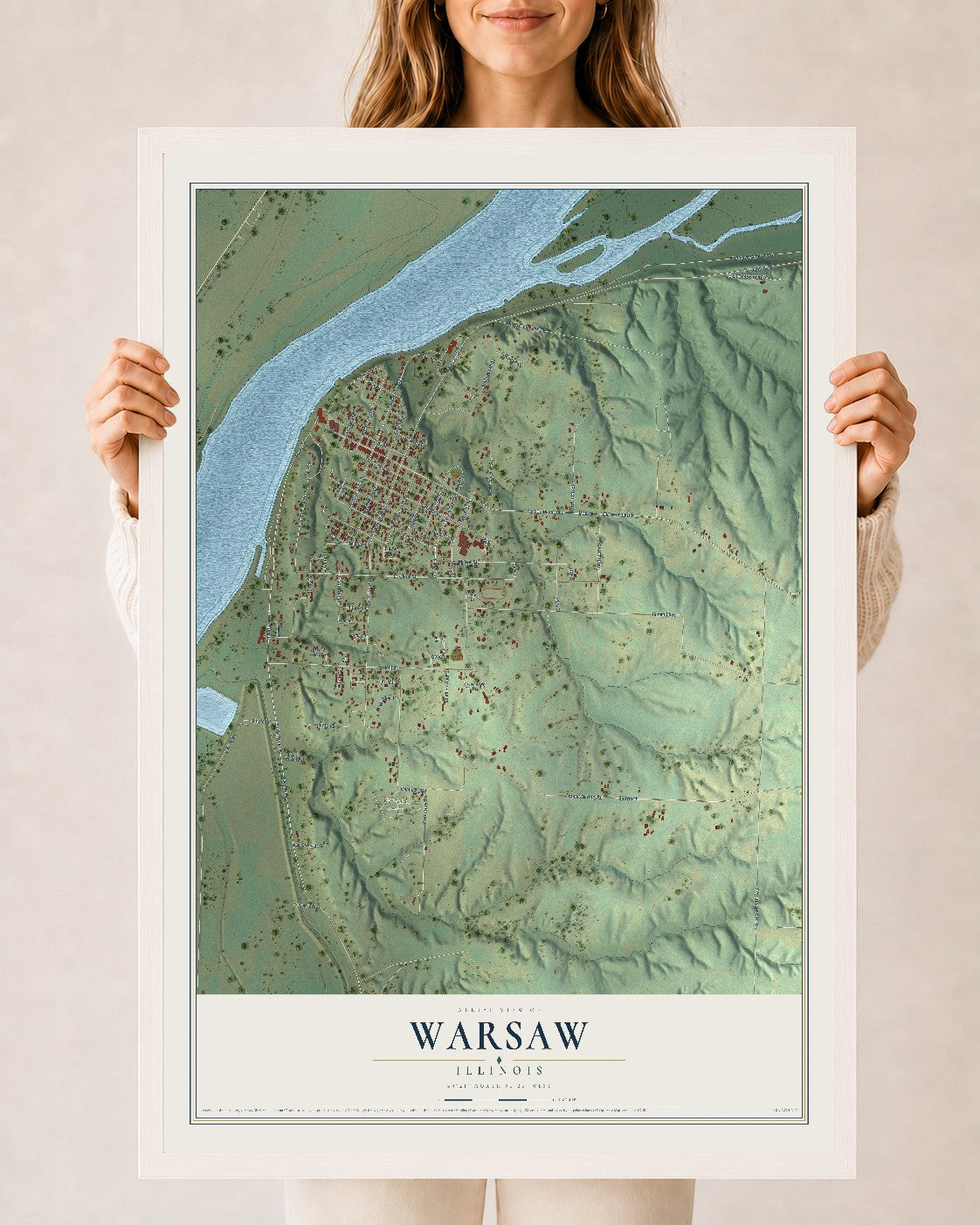 Map of Warsaw, Illinois, 24 x 36 inch print in a white wood frame