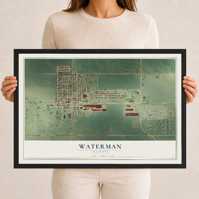 Map of Waterman, Illinois, 12 x 18 inch print in a black wood frame