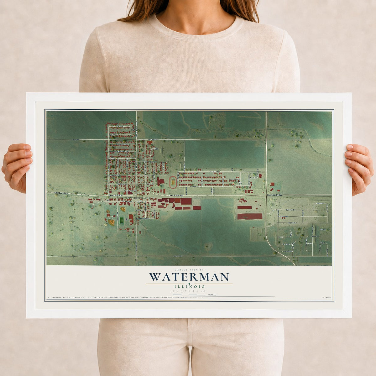 Map of Waterman, Illinois, 12 x 18 inch print in a white wood frame