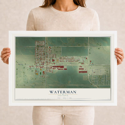 Map of Waterman, Illinois, 12 x 18 inch print in a white wood frame