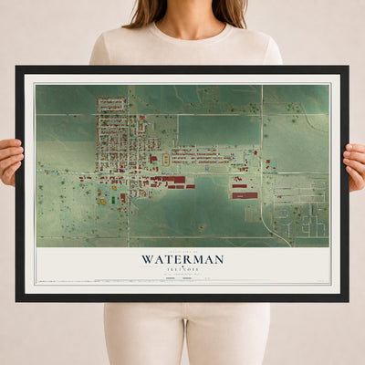 Map of Waterman, Illinois, 18 x 24 inch print in a black wood frame