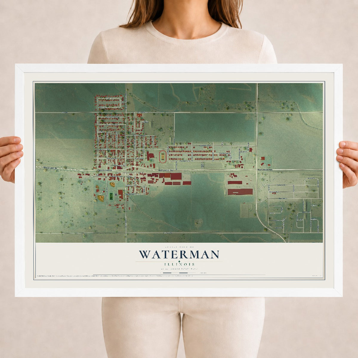 Map of Waterman, Illinois, 18 x 24 inch print in a white wood frame