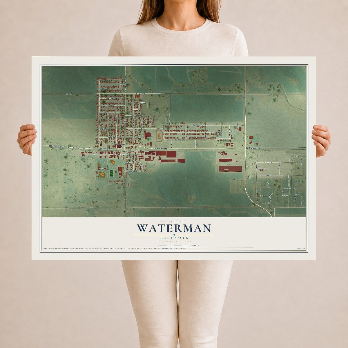 Map of Waterman, Illinois, 24 x 36 inch unframed archival matte print