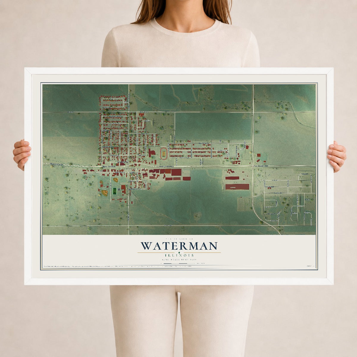 Map of Waterman, Illinois, 24 x 36 inch print in a white wood frame