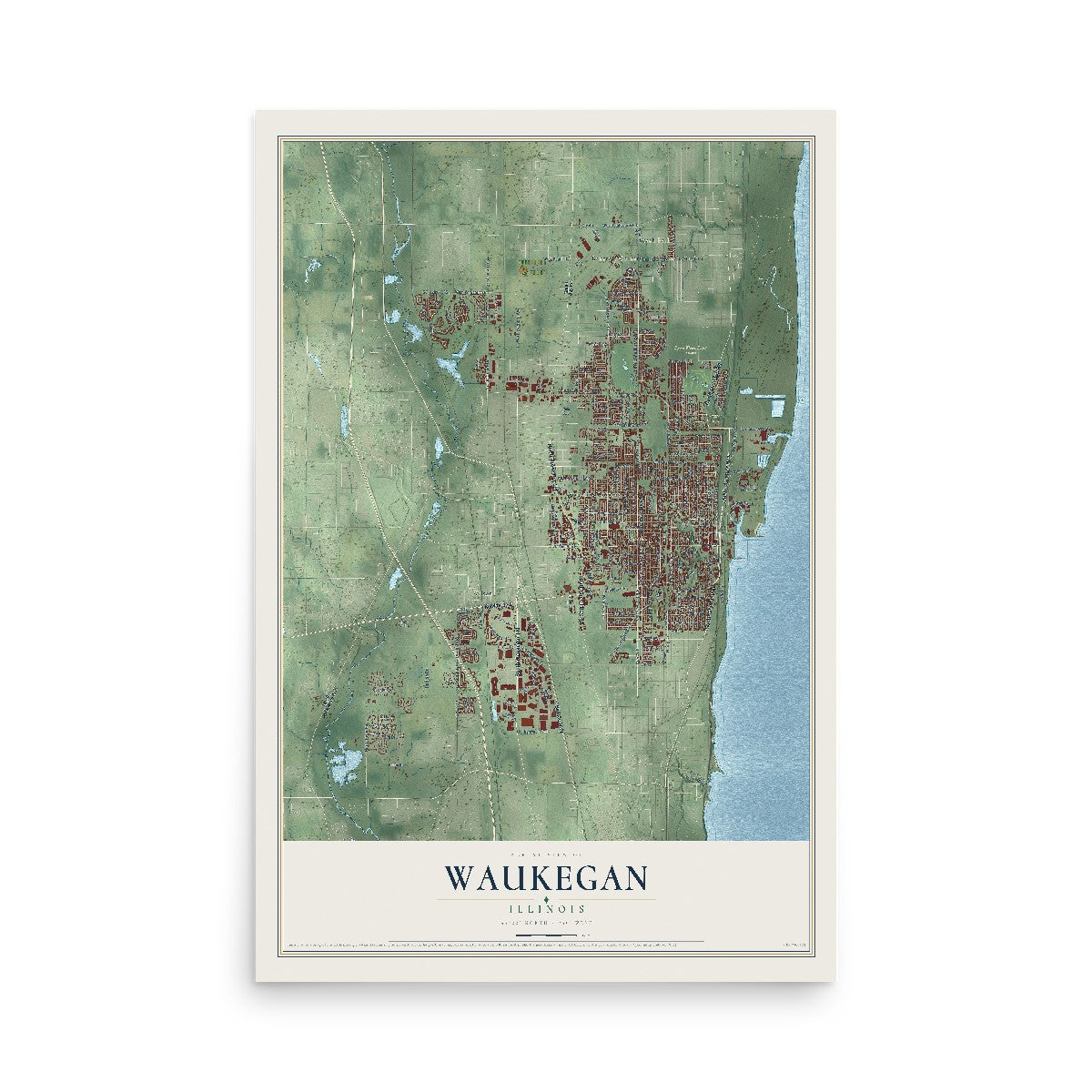 Map of Waukegan, Illinois, 12 x 18 inch unframed archival matte print