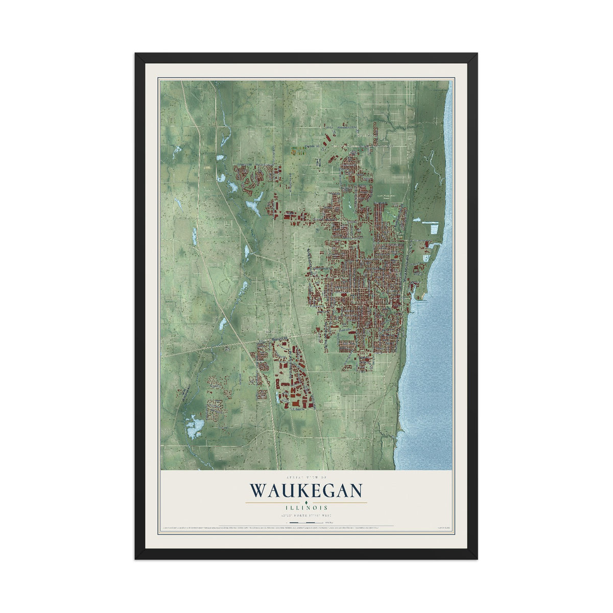 Map of Waukegan, Illinois, 12 x 18 inch print in a black wood frame