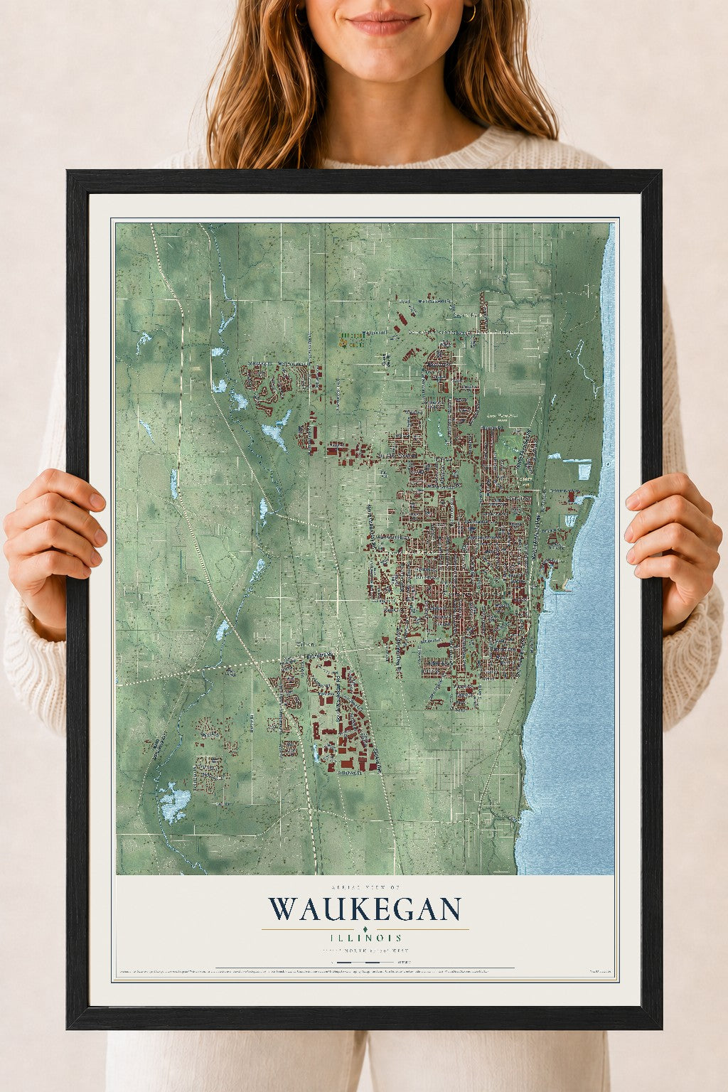 Map of Waukegan, Illinois, 18 x 24 inch print in a black wood frame