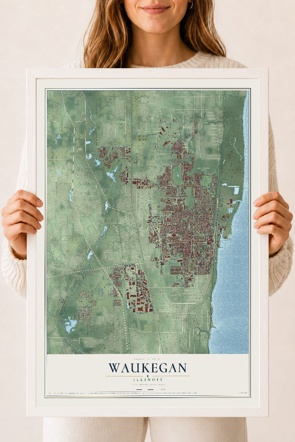 Map of Waukegan, Illinois, 18 x 24 inch print in a white wood frame