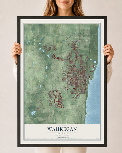 Map of Waukegan, Illinois, 24 x 36 inch print in a black wood frame