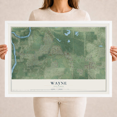 Map of Wayne, Illinois, 18 x 24 inch print in a white wood frame