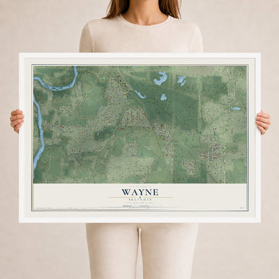 Map of Wayne, Illinois, 24 x 36 inch print in a white wood frame