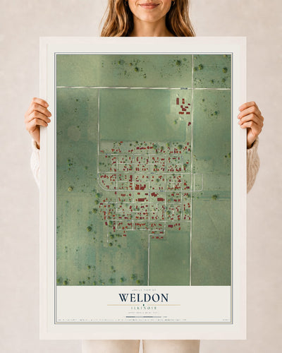 Map of Weldon, Illinois, 24 x 36 inch print in a white wood frame