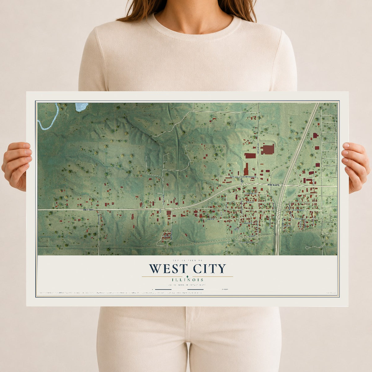 Map of West City, Illinois, 12 x 18 inch unframed archival matte print