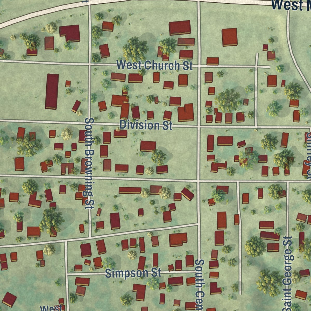 Close-up of the map of West City, Illinois print showing street and building detail