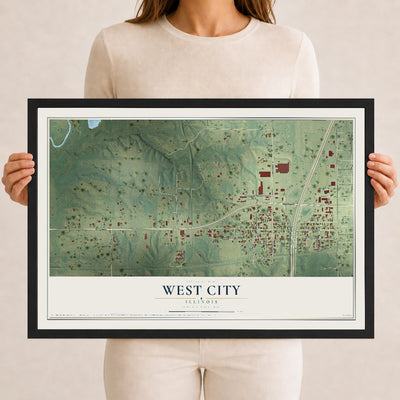 Map of West City, Illinois, 12 x 18 inch print in a black wood frame