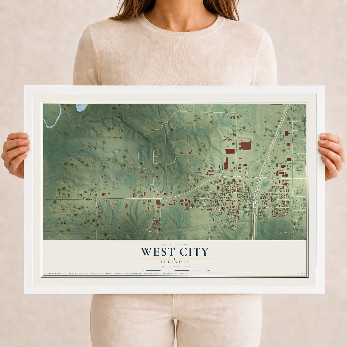 Map of West City, Illinois, 12 x 18 inch print in a white wood frame