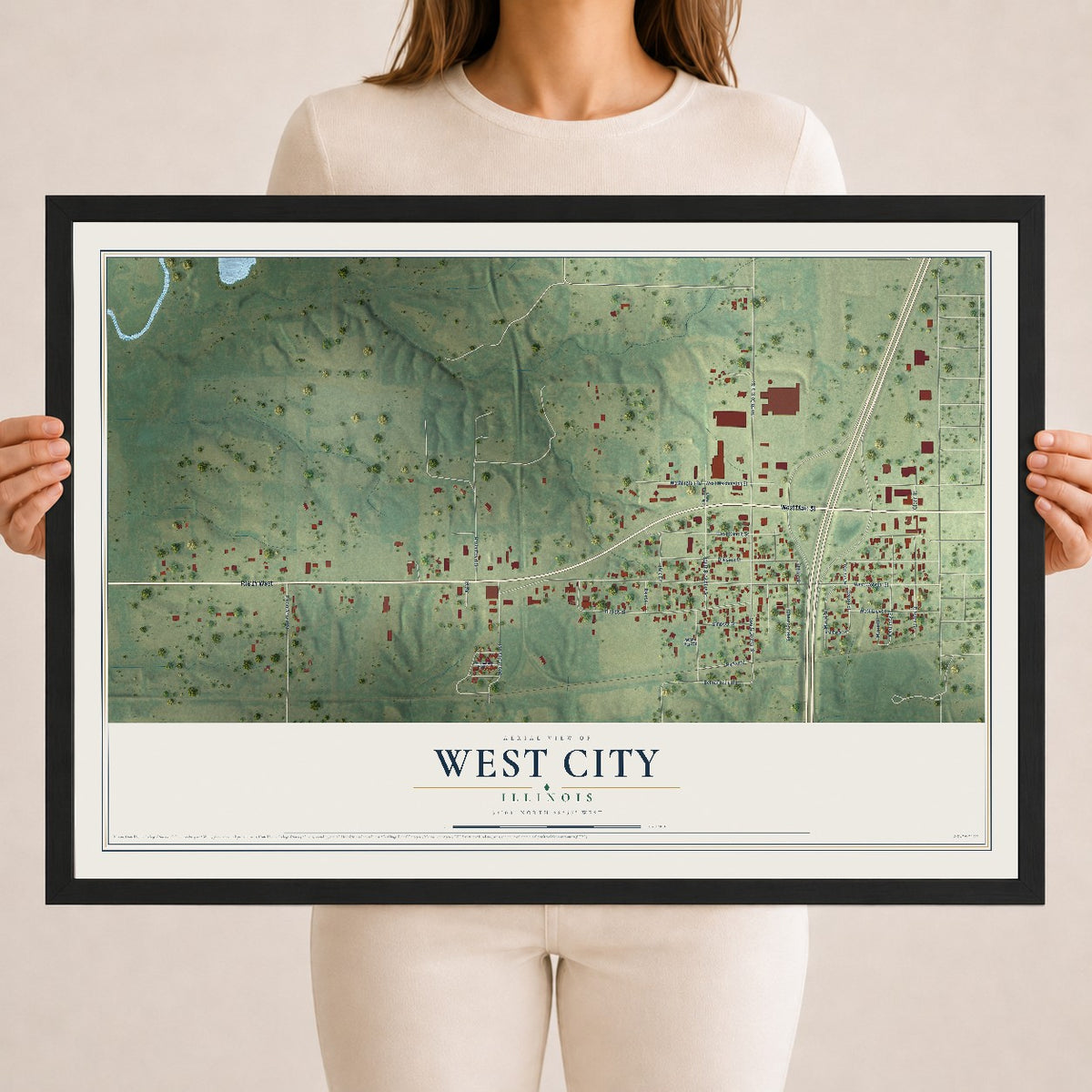 Map of West City, Illinois, 18 x 24 inch print in a black wood frame