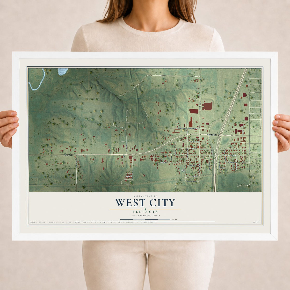Map of West City, Illinois, 18 x 24 inch print in a white wood frame