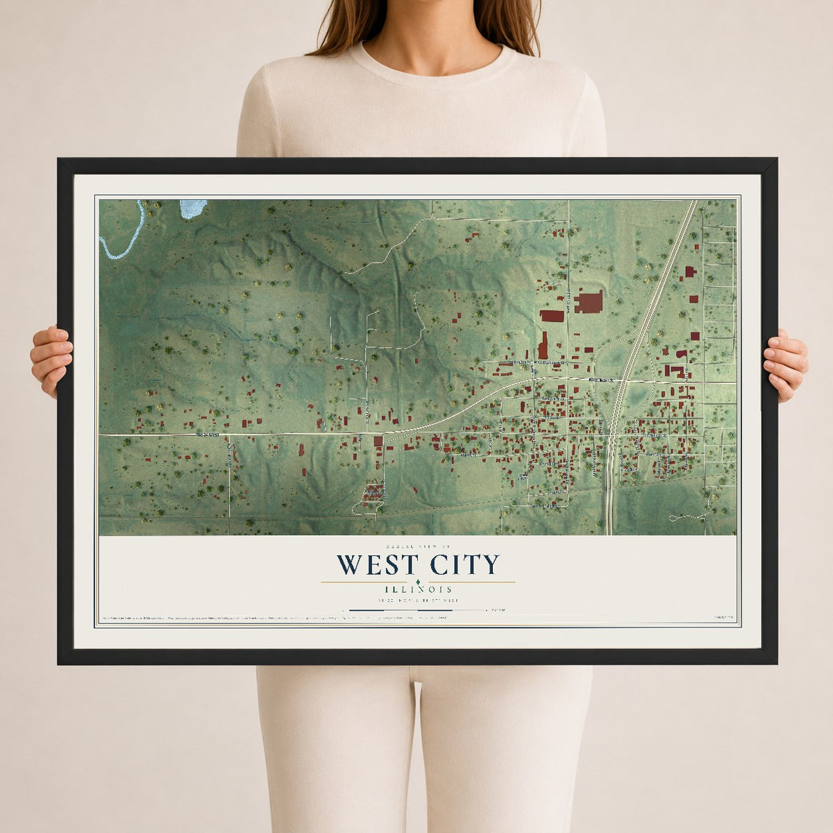 Map of West City, Illinois, 24 x 36 inch print in a black wood frame