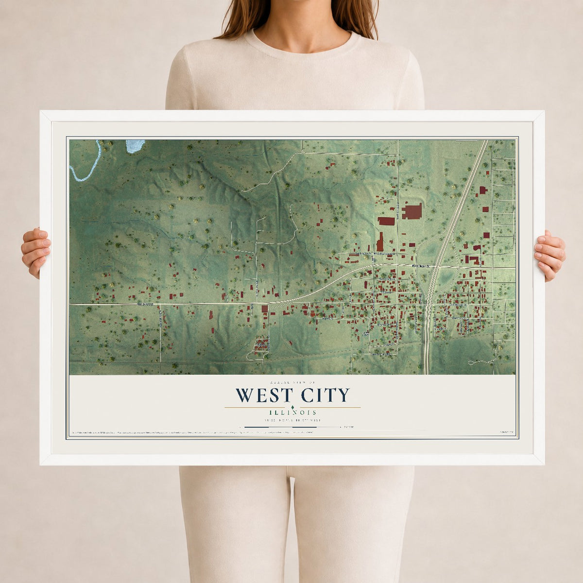 Map of West City, Illinois, 24 x 36 inch print in a white wood frame