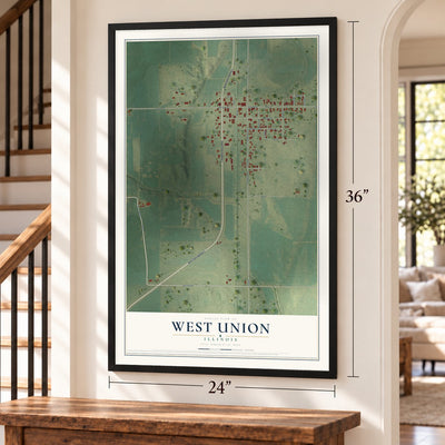 West Union, Illinois map, 24 x 36 inch print in a black frame by a staircase