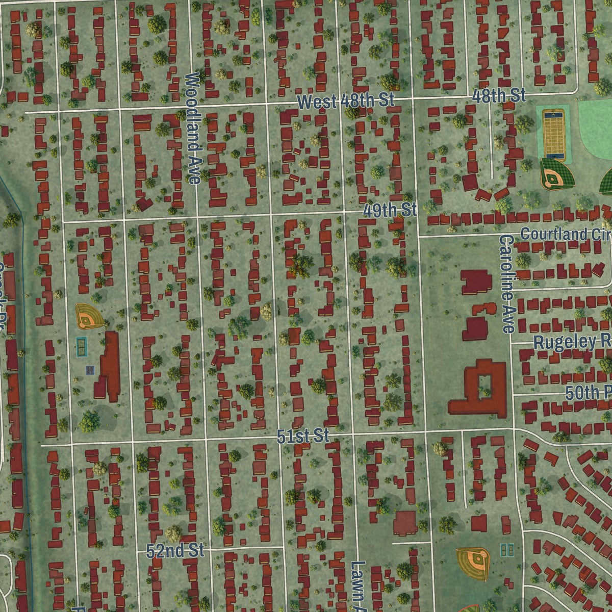 Close-up of the map of Western Springs, Illinois print showing street and building detail