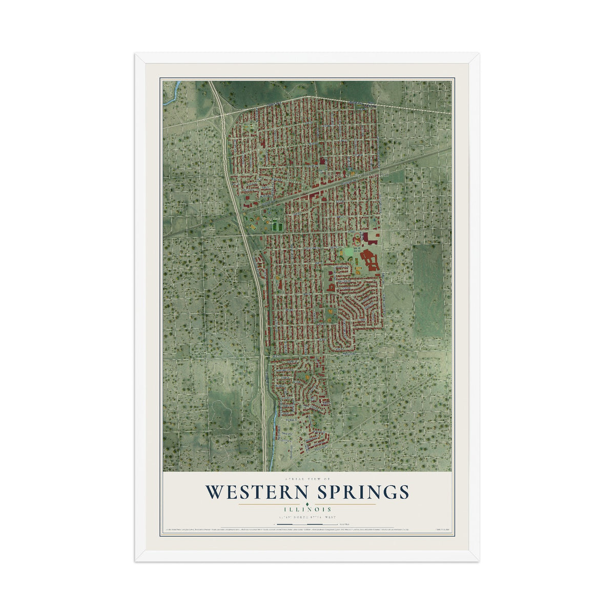 Map of Western Springs, Illinois, 12 x 18 inch print in a white wood frame