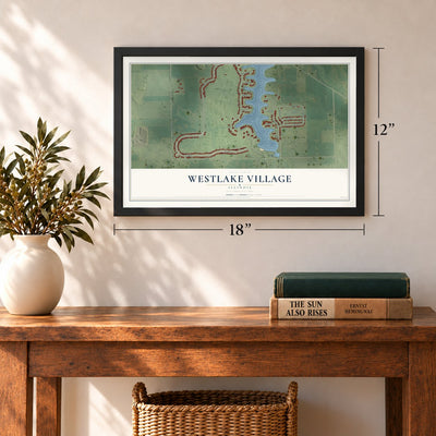 Westlake Village, Illinois map, 12 x 18 inch print in a black frame in an entryway