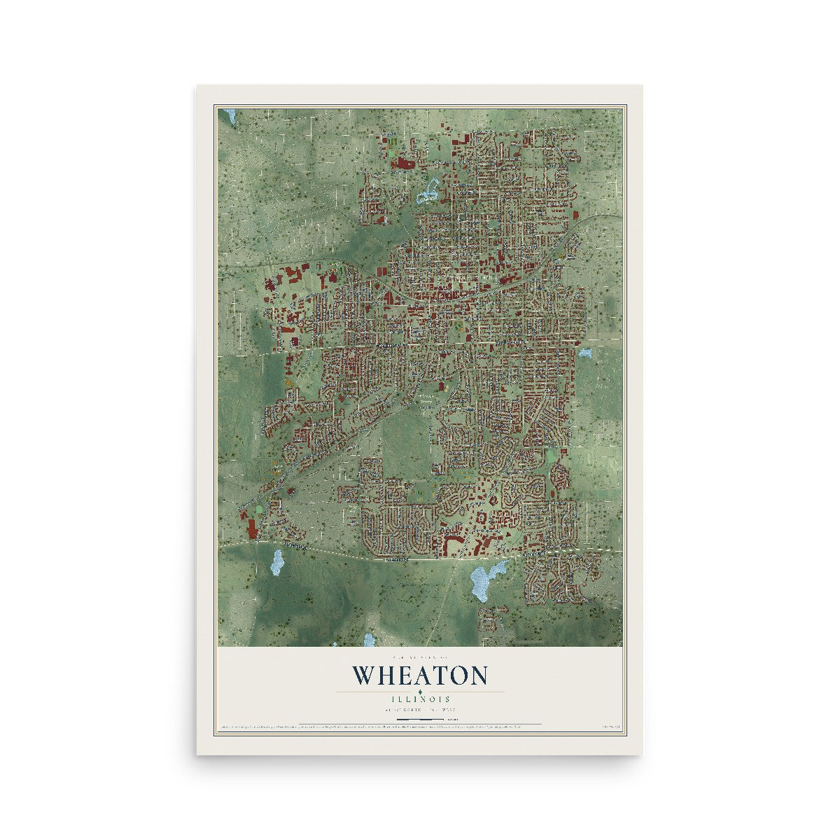 Map of Wheaton, Illinois, 12 x 18 inch unframed archival matte print