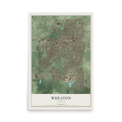 Map of Wheaton, Illinois, 12 x 18 inch unframed archival matte print