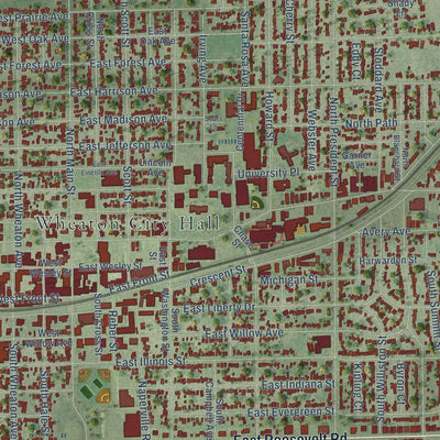 Second close-up of the map of Wheaton, Illinois print showing more streets and buildings