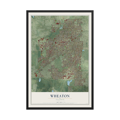 Map of Wheaton, Illinois, 12 x 18 inch print in a black wood frame