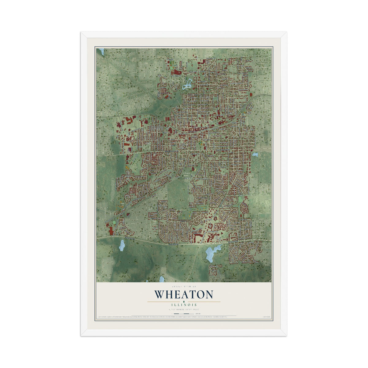 Map of Wheaton, Illinois, 12 x 18 inch print in a white wood frame