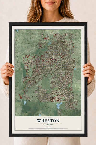 Map of Wheaton, Illinois, 18 x 24 inch print in a black wood frame