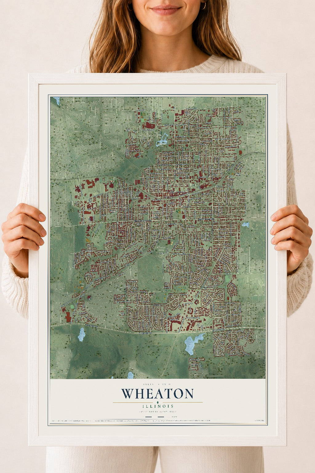 Map of Wheaton, Illinois, 18 x 24 inch print in a white wood frame