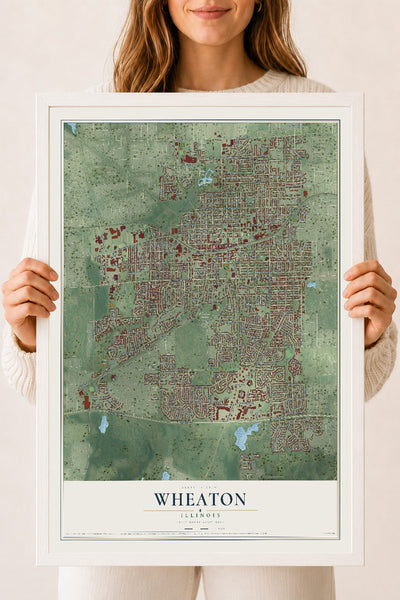 Map of Wheaton, Illinois, 18 x 24 inch print in a white wood frame