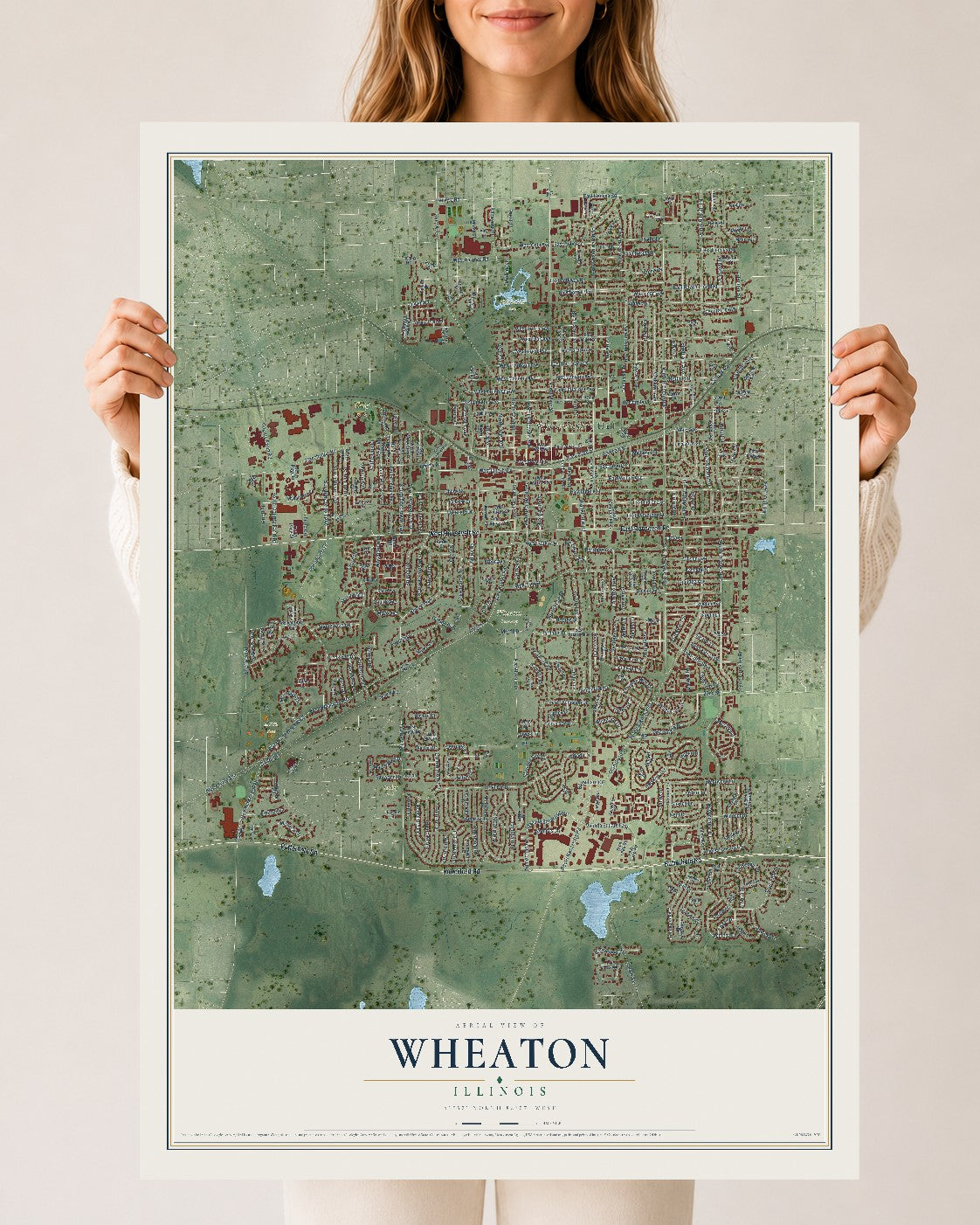 Map of Wheaton, Illinois, 24 x 36 inch unframed archival matte print