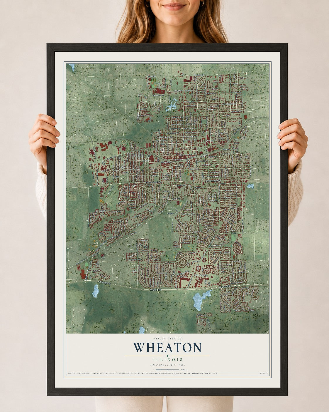 Map of Wheaton, Illinois, 24 x 36 inch print in a black wood frame