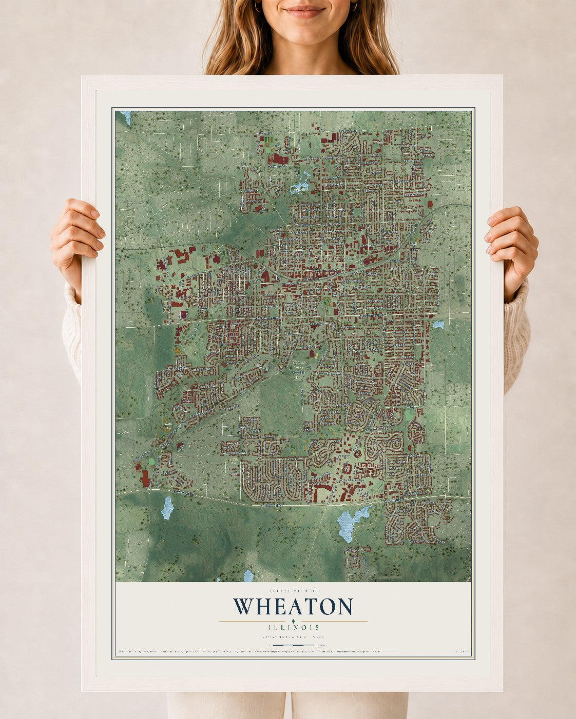 Map of Wheaton, Illinois, 24 x 36 inch print in a white wood frame