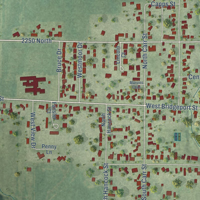 Second close-up of the map of White Hall, Illinois print showing more streets and buildings